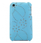 Coque arriere cuir bleue fleurs strass  iphone 3g 3gs